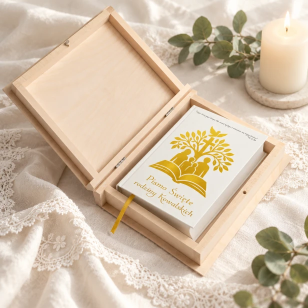 Biblia Rodzinna w drewnianym pudełku – prezent religijny z personalizacją