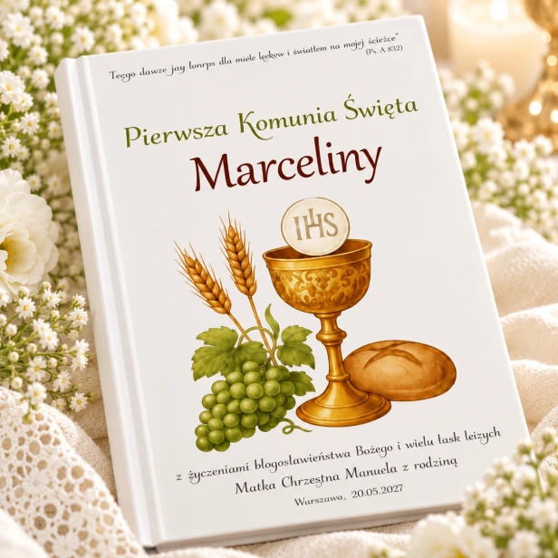 Biblia Tysiąclecia z imieniem dziecka – nadruk kielicha i hostii