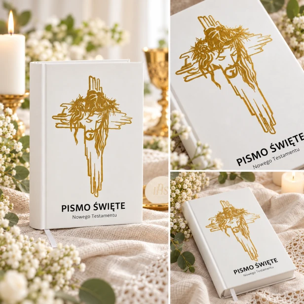 Nowy Testament Chrystus Cierpiący – elegancka aranżacja komunijna
