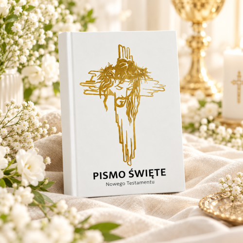 Nowy Testament z Jezusem w koronie cierniowej – aranżacja religijna