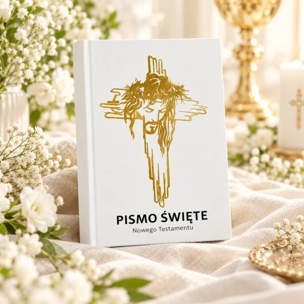 Nowy Testament z Jezusem w koronie cierniowej – aranżacja religijna
