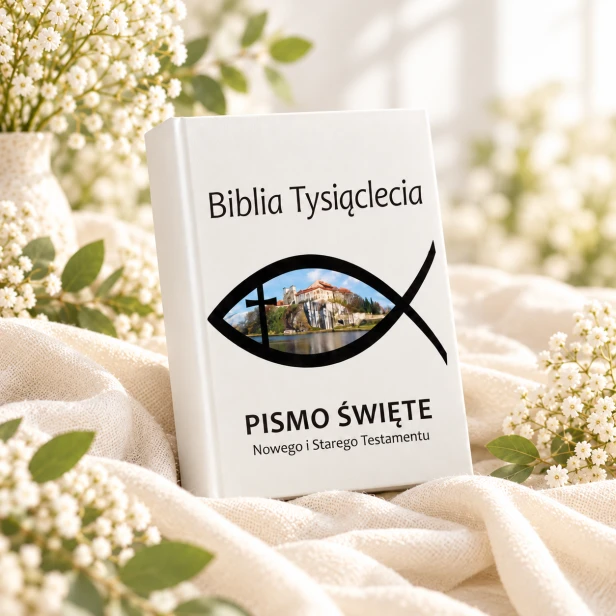 Biblia Tysiąclecia Znak Wiary – nadruk Ichthys na białej oprawie