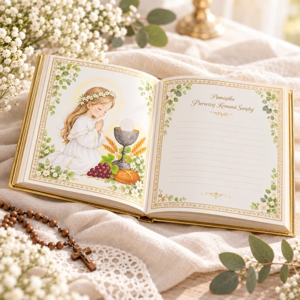 Album na I Komunię Świętą – personalizowana złota tabliczka