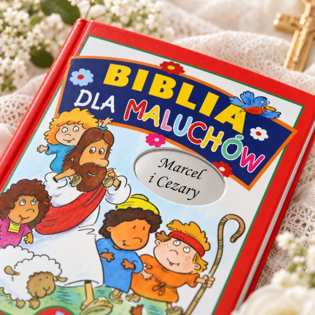 Biblia dla maluchów z imieniem – zbliżenie okładki i dedykacji