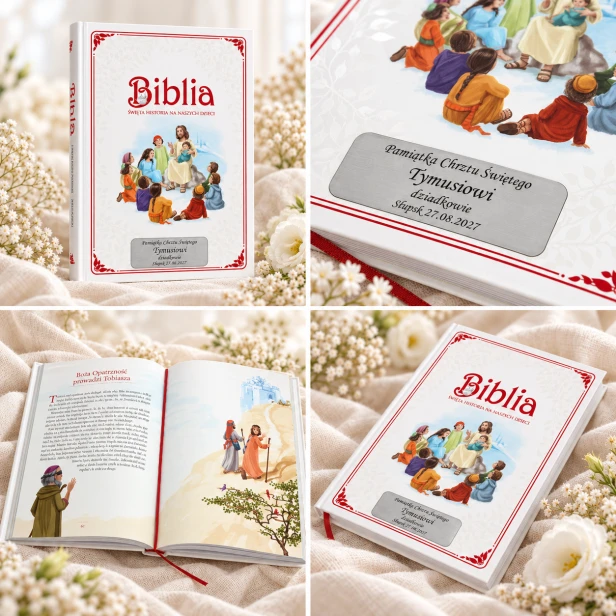 Biblia dla dzieci z grawerem – prezentacja okładki, wnętrza i dedykacji