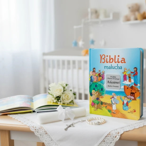 Biblia malucha z grawerem – prezent na Chrzest Święty w jasnej aranżacji