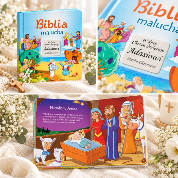 Biblia malucha dla dziecka – wnętrze książeczki, ilustracje i personalizacja