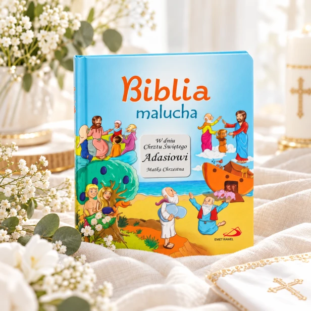 Biblia malucha z personalizacją – niebieska okładka i dedykacja na Chrzest