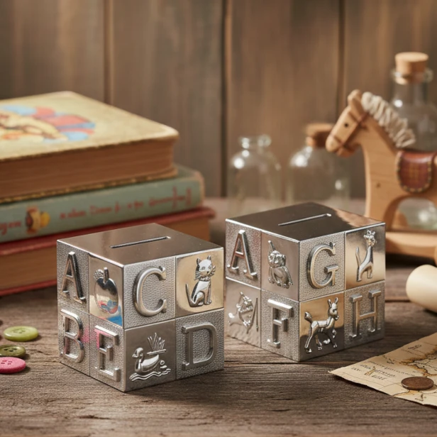 Srebrna skarbonka KOSTKA ABC z grawerem | Linia BABY SILVER™