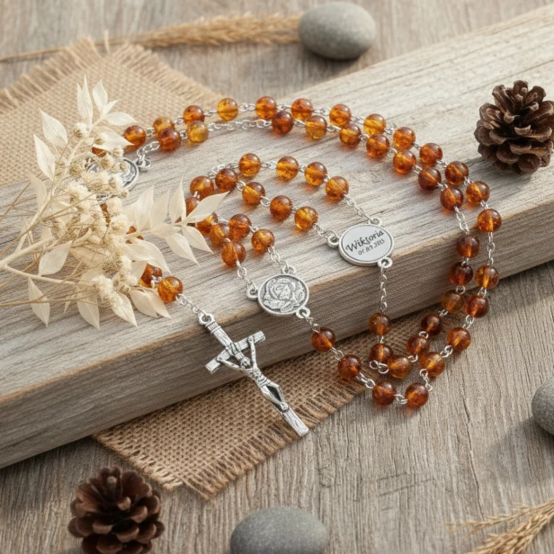 Personalizowany różaniec 8 mm – bursztynowe paciorki i grawer imienia