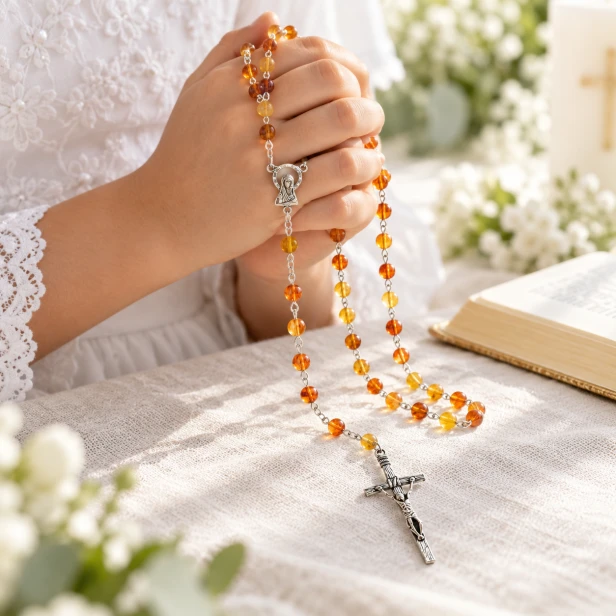 Naszyjnik różaniec z bursztynu syntetycznego – biżuteria religijna w użyciu