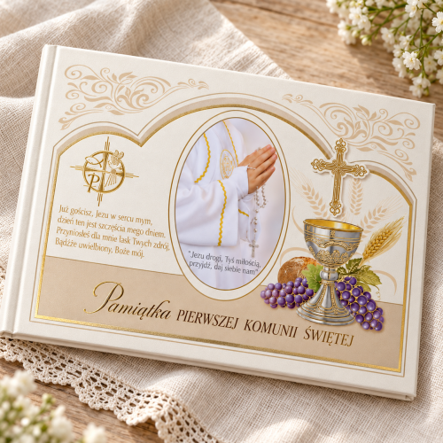 Pamiątka Pierwszej Komunii Świętej – elegancka książeczka na lnianym tle