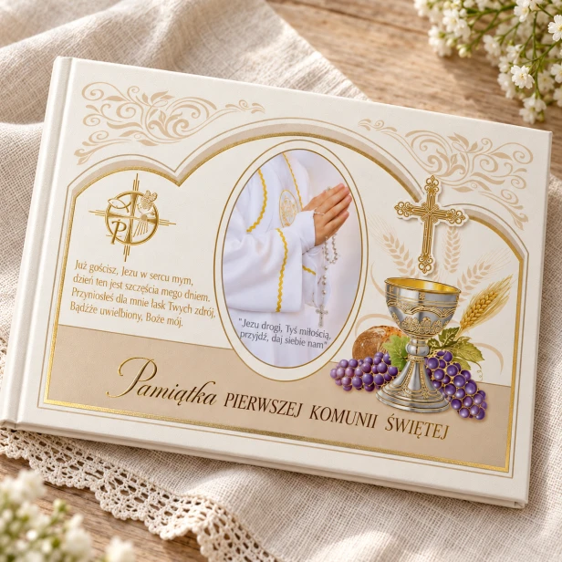 Pamiątka Pierwszej Komunii Świętej – elegancka książeczka na lnianym tle