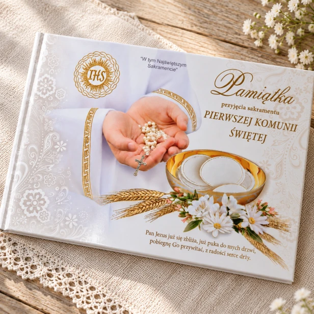 Książeczka komunijna z życzeniami – zbliżenie różańca, kielicha i symbolu IHS