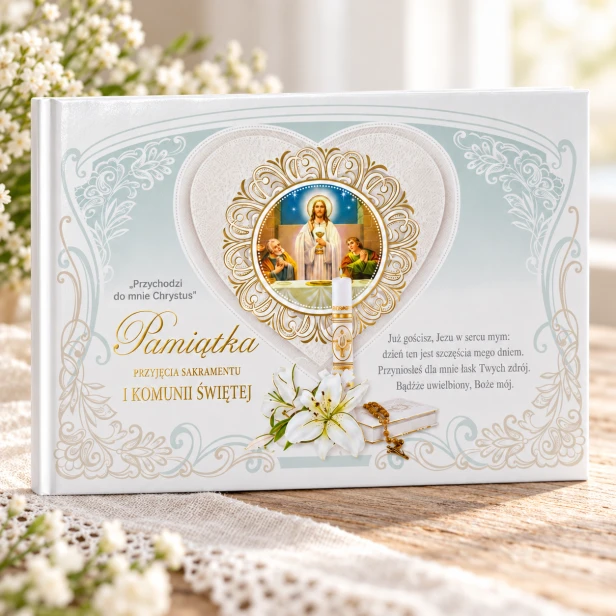 Pamiątka komunijna miętowo-złota – Jezus z kielichem i symbol Eucharystii