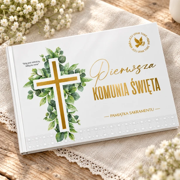 Książeczka komunijna ze złotym krzyżem – elegancka pamiątka z motywem roślinnym