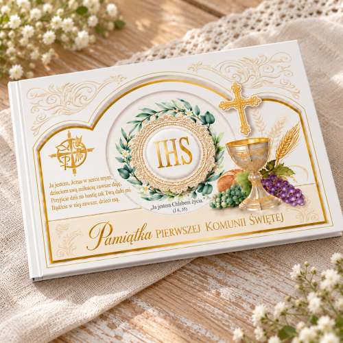 Książeczka komunijna IHS – złoty kielich i motywy eucharystyczne w zbliżeniu