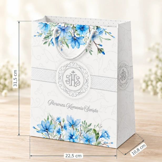 Torebka komunijna A4 z niebieskimi kwiatami – wymiary 22 × 31 × 10 cm