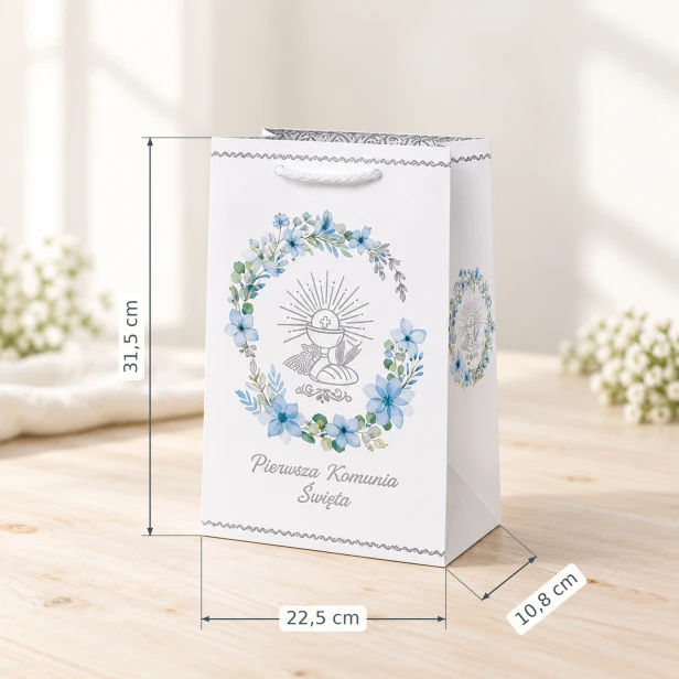 Torebka komunijna A4 z niebieskimi kwiatami – wymiary 22 × 31 × 10 cm