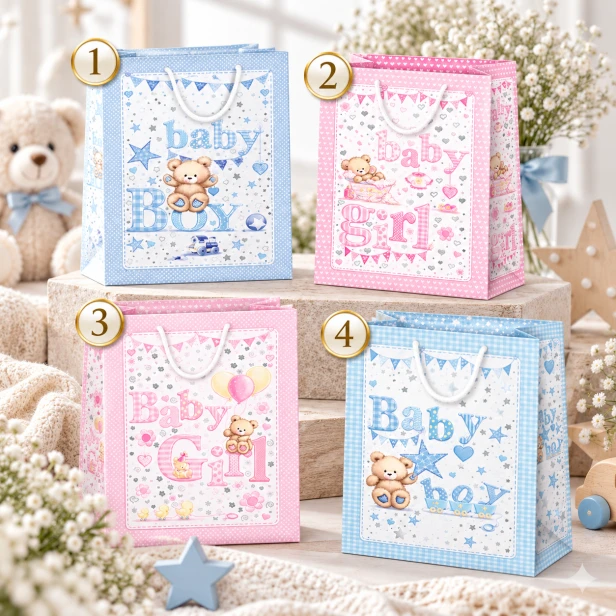 Torebki na narodziny dziecka – cztery wzory z misiami Baby Boy i Baby Girl