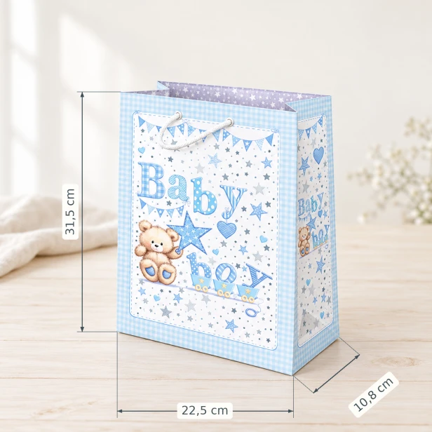Torebka prezentowa Baby A4 – wymiary 22 × 31 × 10 cm, wzór niebieski