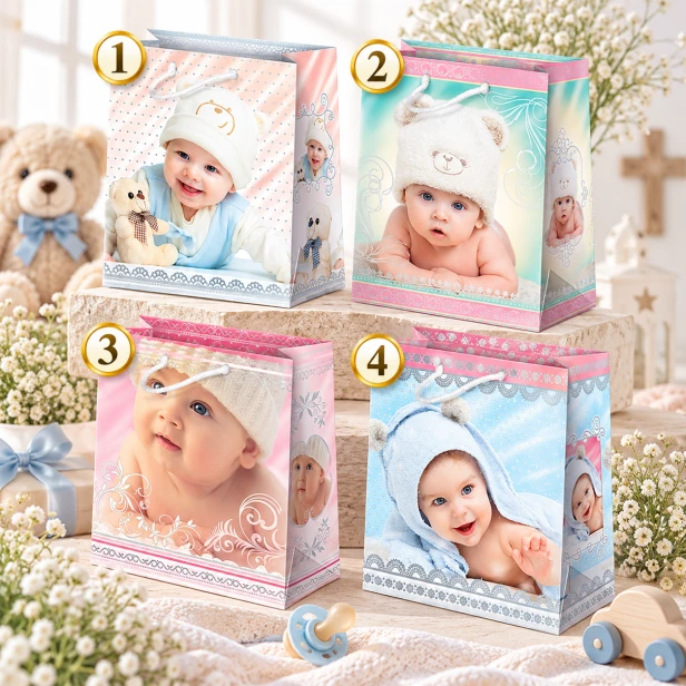 Torebki prezentowe dla niemowląt – cztery wzory Baby w pastelowych kolorach