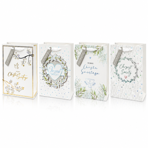 Torebka prezentowa na Chrzest Święty – anielska biel, eleganckie wzory 32 × 26 cm