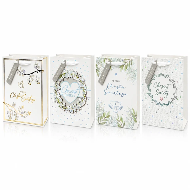Torebka prezentowa na Chrzest Święty – anielska biel, eleganckie wzory 32 × 26 cm