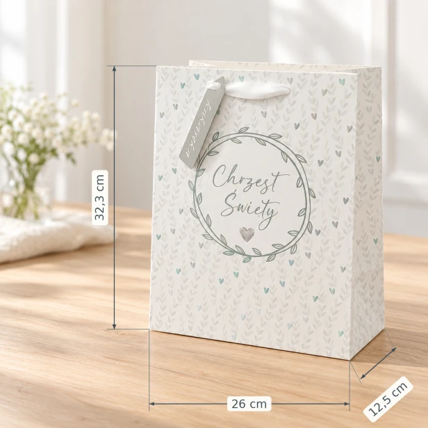 Torebka na Chrzest Święty 32 × 26 cm – biała ze złotymi zdobieniami