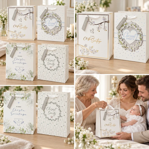 Torebki na Chrzest Święty – kolaż eleganckich biało-złotych wzorów