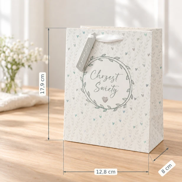 Torebka prezentowa na chrzest 17 × 12 cm – wymiary małego opakowania