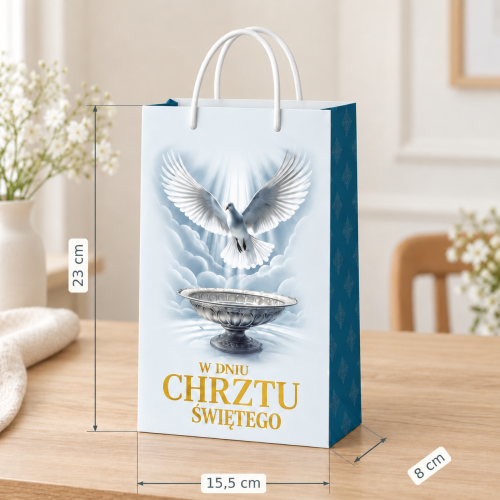 Torebka prezentowa na chrzest A5 – wymiary 15 × 23 cm, błękitny wzór