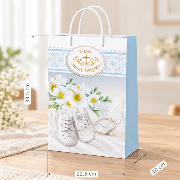 Torebka chrzcielna 32 × 23 cm – pastelowe buciki i złote zdobienia