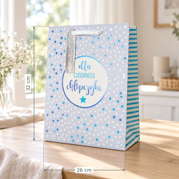 Niebieska torebka prezentowa dla chłopca – wymiary 32 × 26 cm