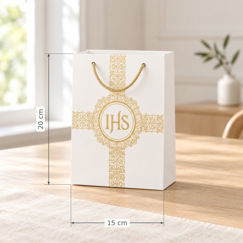 Torebka komunijna A5 ze złotym IHS – wymiary 15 × 20 cm