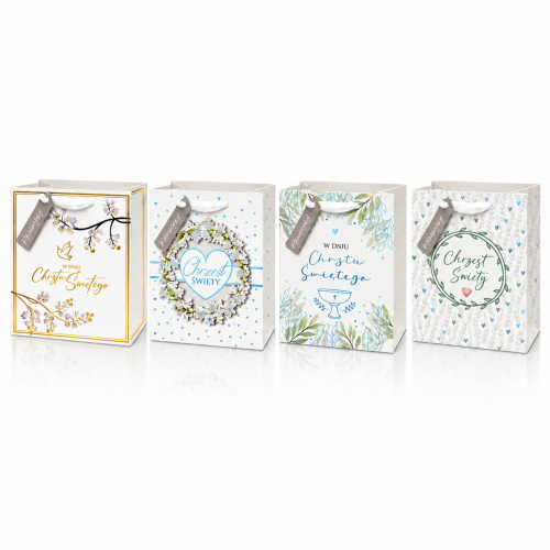 Torebka prezentowa na Chrzest Święty – anielska biel, eleganckie wzory 32 × 26 cm