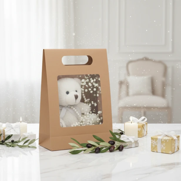 Papierowa torebka prezentowa EKO – kraft z okienkiem w jasnej aranżacji