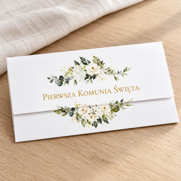 Elegancka koperta komunijna na pieniądze – zbliżenie białych kwiatów i eukaliptusa