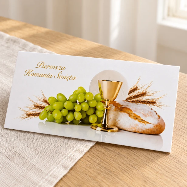 Elegancka koperta komunijna na pieniądze – zbliżenie symboli Eucharystii