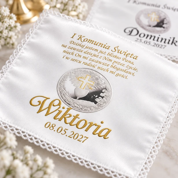 Chusteczka na Pierwszą Komunię Świętą – zbliżenie nadruku imienia i daty