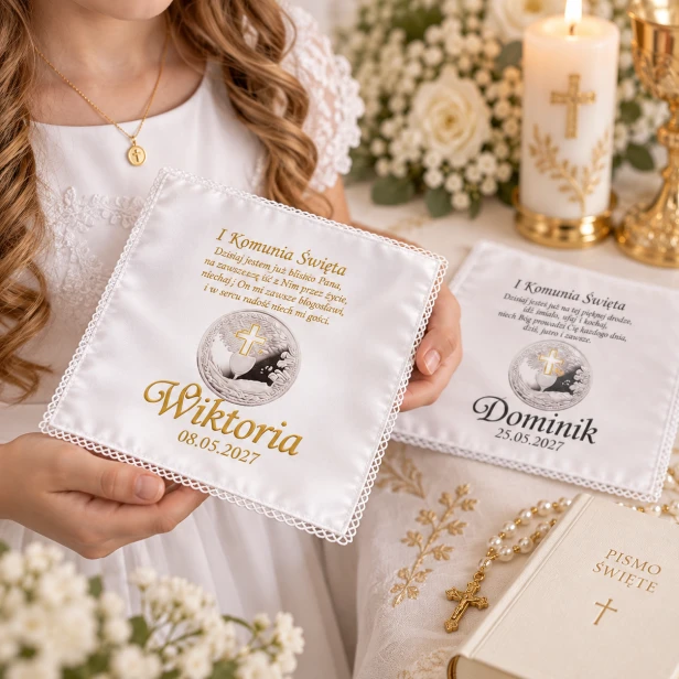 Chusteczka komunijna z dedykacją – biała tkanina i ozdobne wykończenie
