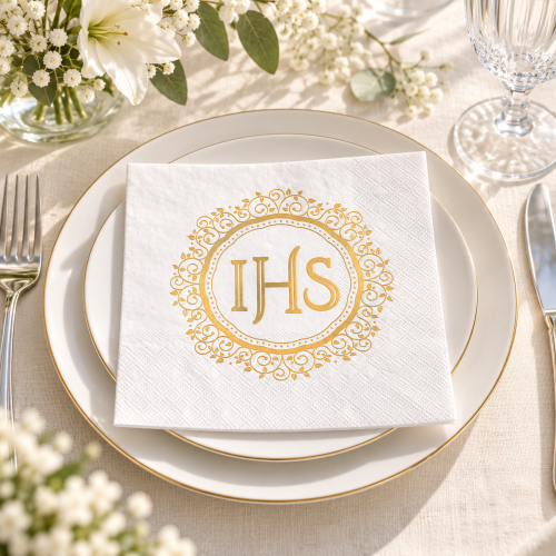Serwetki na Pierwszą Komunię Świętą – złoty monogram IHS w dekoracji stołu
