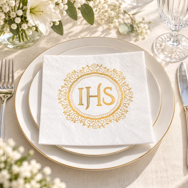Serwetki na Pierwszą Komunię Świętą – złoty monogram IHS w dekoracji stołu