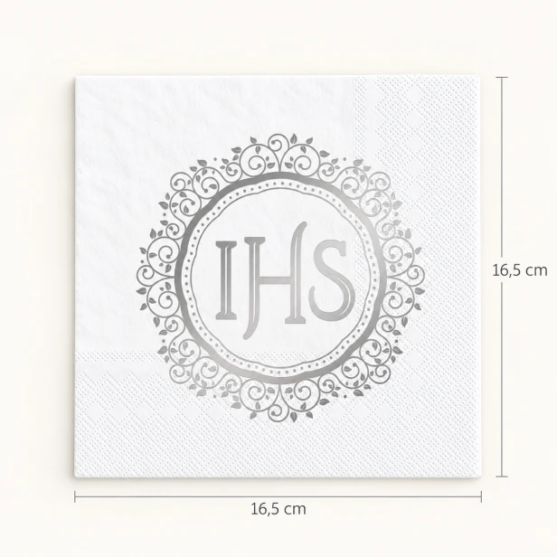 Serwetka komunijna IHS 16,5 × 16,5 cm – srebrny ornament na złożonej serwetce
