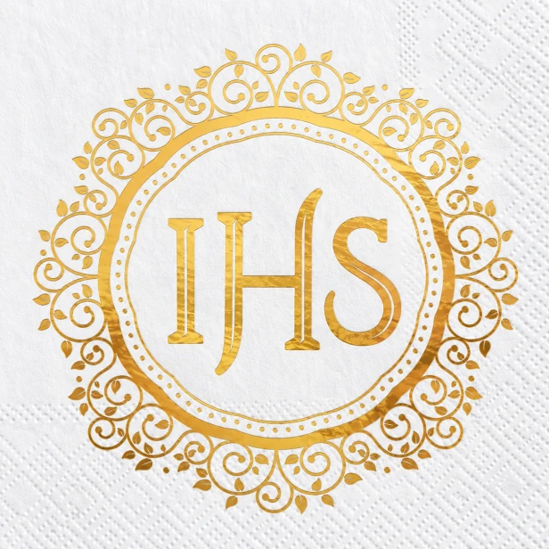Złoty ornament IHS na serwetce komunijnej – zbliżenie wzoru mandali