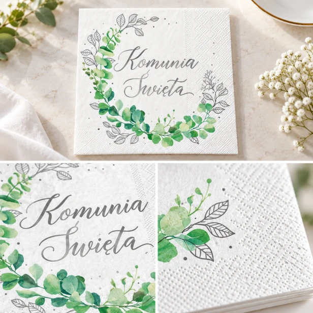 Serwetki komunijne z eukaliptusem – botaniczny wzór w aranżacji przyjęcia