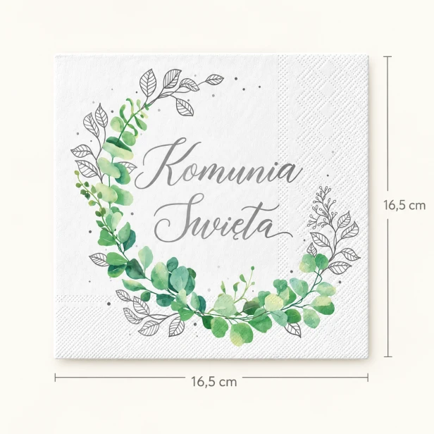 Serwetka komunijna Eukaliptus Srebrny – złożona 16,5 × 16,5 cm, zielony wieniec