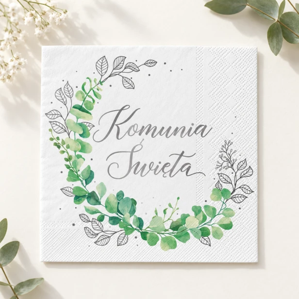 Biało-zielone serwetki komunijne – botaniczny wzór eukaliptusa i napis Komunia Święta