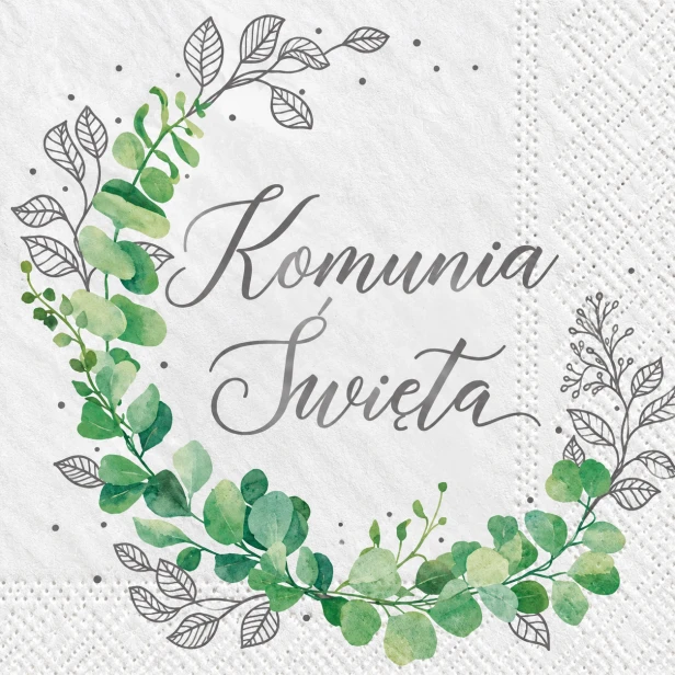Serwetka komunijna z napisem Komunia Święta – zbliżenie zielonego wieńca eukaliptusa
