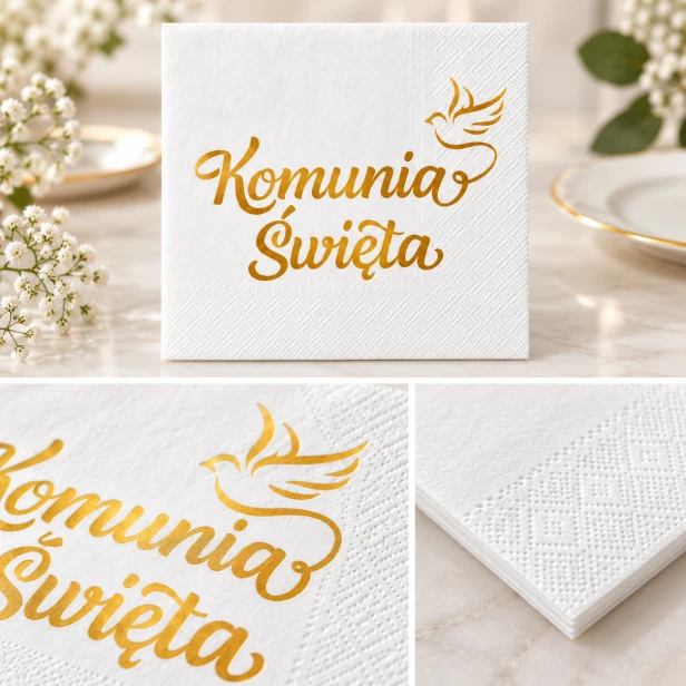 Serwetki komunijne biało-złote – aranżacja z napisem Komunia Święta i gołębicą